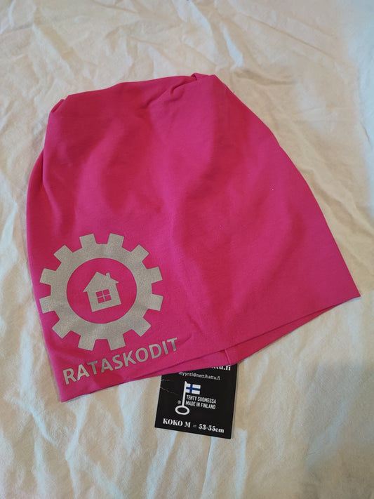 Rataskotien heijastavalla logolla oleva trikoopipo, fuksia, koko M