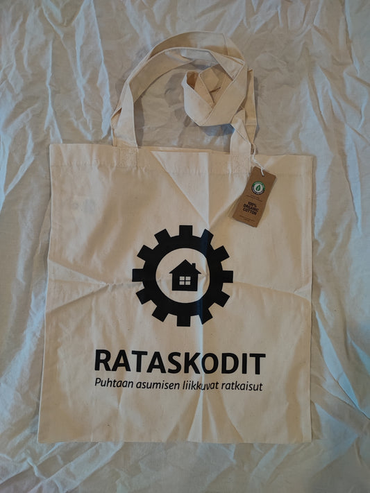 Rataskodit Oy:n puuvillainen kangaskassi, luonnonvalkoinen